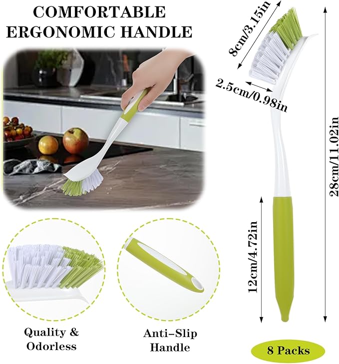 8 Pcs Dish Brush with Handle Kitchen Scrub Brush Pot and Pan Cleaning Brush Dish Scrubber with Stiff PET Bristles for Cookware Sink Washing Household, Green, 11 x 3.1 x 0.98 Inch