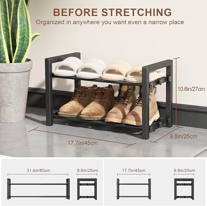 2-Tier Expandable Shoe Rack,Adjustable Shoe Shelf Storage Organizer Heavy Duty Metal Free Standing Shoe Rack for Entryway Closet Doorway (Black)