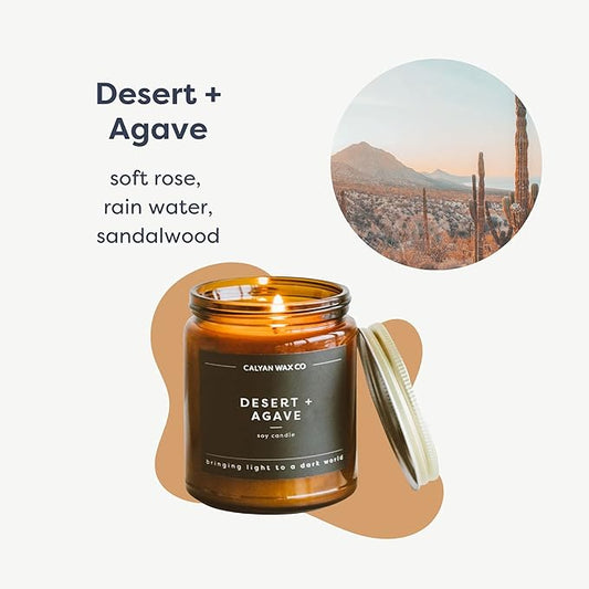 Calyan Wax Co. Desert & Agave Scented Candle - 57 Hour Burn - Luxury Non Toxic Soy Wax Candles - Long Lasting Amber Glass Jar Candle for Home - 7.2oz