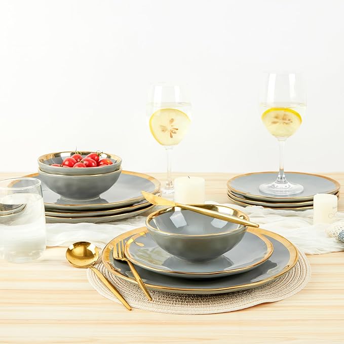 Porcelain Luxury Dinnerware Sets, Modern Plates and Bowls Sets for 4, Highly Chip and Crack Resistant, Grey and Gold Rim China Dishes Set for Wedding Anniversary