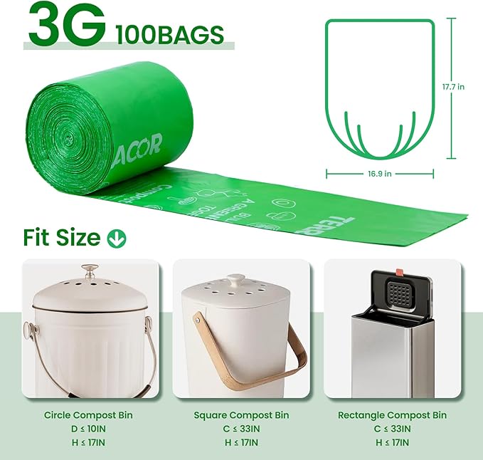 3 Gallon Compostable Trash Bags, 100 Bags Compost Bags for Countertop Bin, BPI Certified and Meet The ASTM D6400 Standard