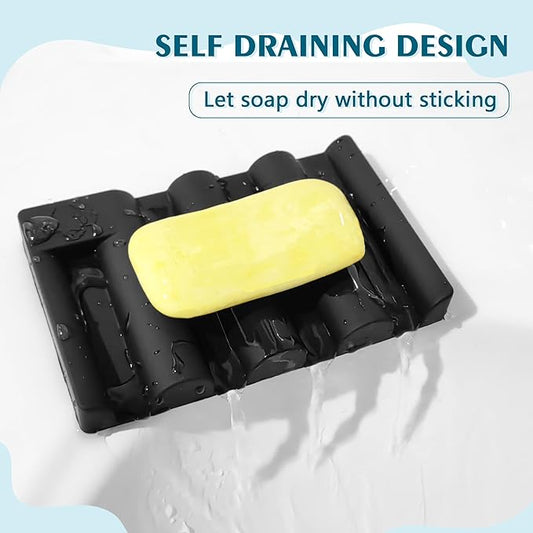 Silicone Soap Dish, Self Draining Soap Holder Perfect for Shower, Bathroom Sink, Kitchen Sink & Travel, Non-Slip Bar Soap Holder Extend Soap Life, Keep Soap Bars Dry Clean & Easy Cleaning (Black-2PCS)