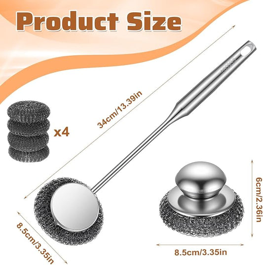 8 Pack Stainless Steel Scrubber with Handle Brush Set, 1 Long Brushes,2 Short Brushes,4 Wire Sponge Pads,1 Screwdriver for Cleaning Pots, Pans, Grills, BBQ, Dishes and Sink, Home Cooks