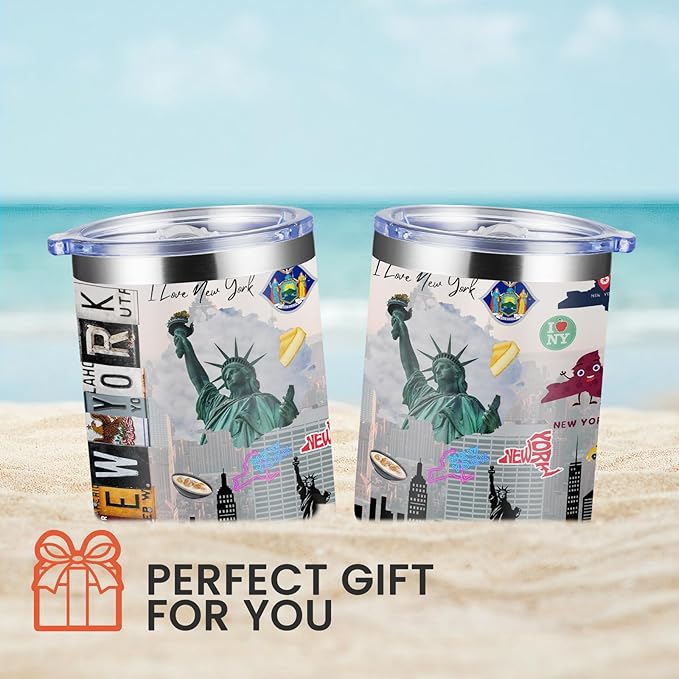 12oz Coffee Mug New York State Insulated Coffee Cups, United States Map Travel Mug Landmark, Birthday Gifts Cute Mugs with Lid and Straw Gifts for Mom