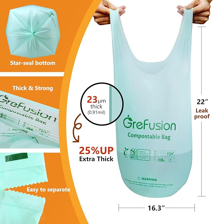 Compostable Trash Bags with handle-tie,Garbage Bags, 2.6 Gallon,Food Waste Bags,Small trash bags for compost bin kitchen,Certified by BPI and OK Compost (2.6G-50count)