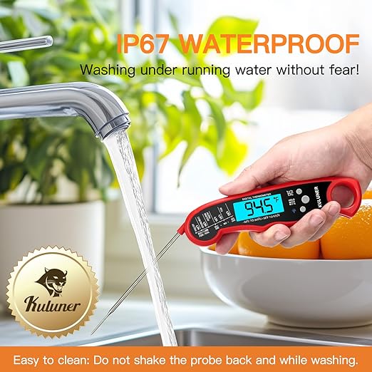 KULUNER TP-01 Waterproof Digital Instant Read Meat Thermometer with 4.6 Folding Probe Backlight Calibration Function for Cooking Food Candy, BBQ Grill, Liquids,Beef(Red)