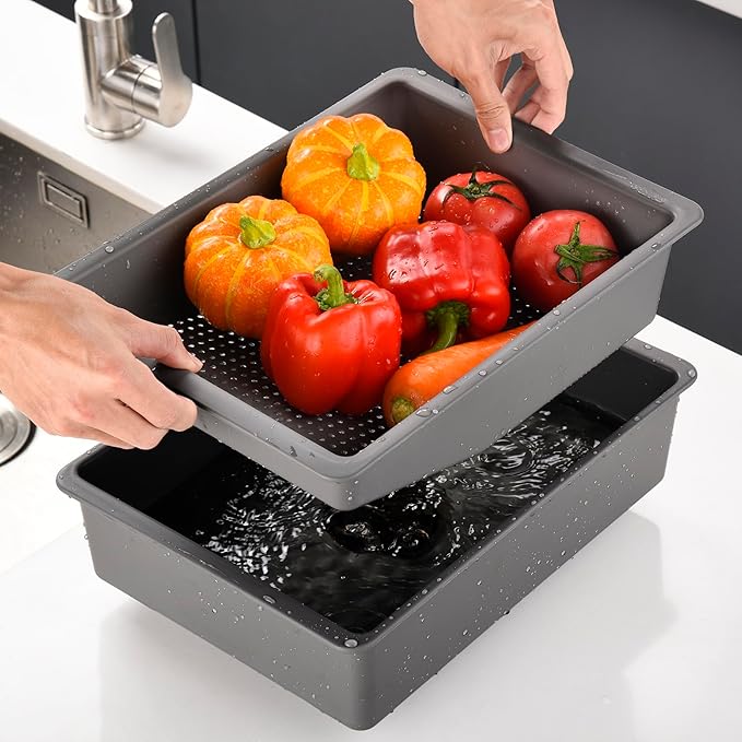 2-in-1 Dish Basin Set For Washing Dishes in Kitchen Sink, With Filter Basket Drain Hole Plug/Stopper,Multi-purpose and Portable Kitchen Cleaning Filter Basin,Plastic(ABS+PP),Gray,Nicmondo