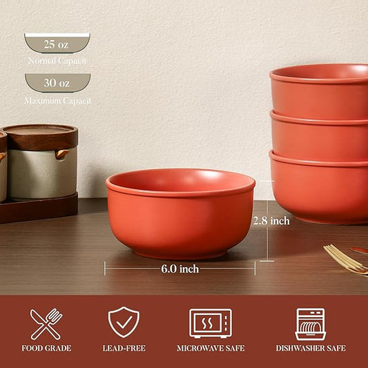 GZG 6-Inch Ceramic Cereal Bowls Set of 4, Rustic Matte Glazed Stoneware Bowls for Cereal, Soup, Salad & Snacks, 30 oz Capacity, Microwave & Dishwasher Safe(Terracotta Blush)