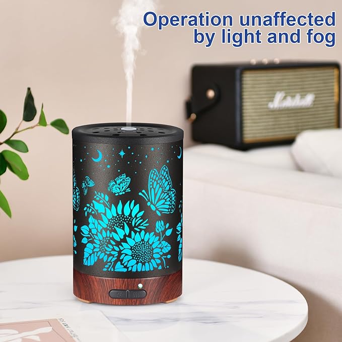 Essential Oil Diffuser- Aromatherapy Diffuser with7 Colors Light and Auto-Off for Women Metal Cool Mist Humidifier for Home and Office for Mom Women(Sunflower + Butterfly)