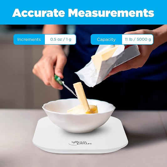 Smart Weigh White Digital Kitchen Scale for Cooking, Weight Loss, Calorie Tracking, Baking, Food Portion Control, and Meal Prep - Accurate Measurements in Grams and Ounces