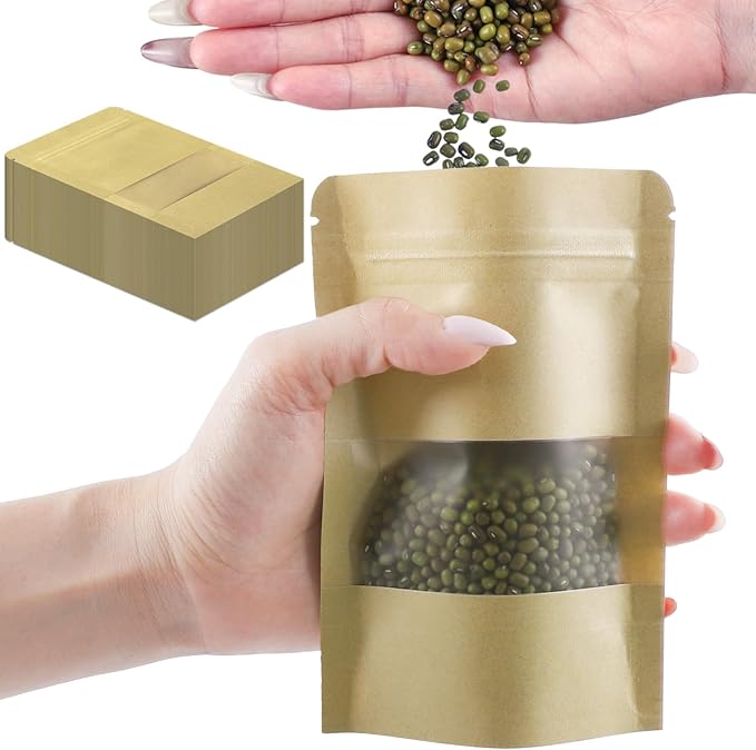100 PCS Resealable Bags, Stand Up Kraft Paper Bags with Matte Window, Zipper Lock Food Storage Bags for Small Business and Home, 3.9 * 5.9 Inch Reusable Sealable Bags for Packaging