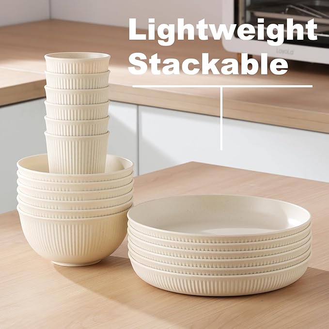 Cythia Dinnerware Sets for 6 Plastic Plates and Bowls Sets Reusable 18 Pcs Kitchen Dishes Set Dinner Camping Plates Cereal Bowls Cups Microwave Unbreakable Tableware Set For Picnic Party