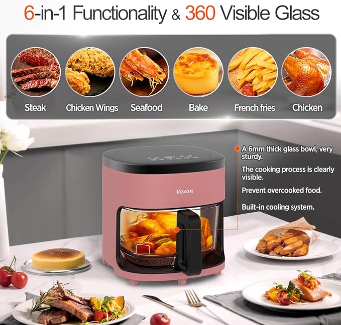 6-IN-1 Glass Air Fryer,4.5QT Air Fryer with Viewing Glass Pot, Air Fry, Dehydrate, Air Crisp Technology,Nonstick & Dishwasher Safe Basket,97% Less Oil,Features Digital Timer (Pink)