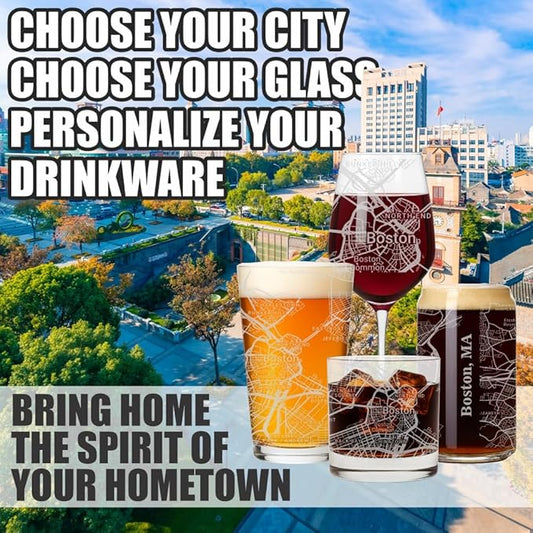 Blue Ridge Mountain Gifts - Boston Souvenir - Massachusetts Glassware Gift, Etched City Map, Laser Engraved and Dishwasher Safe