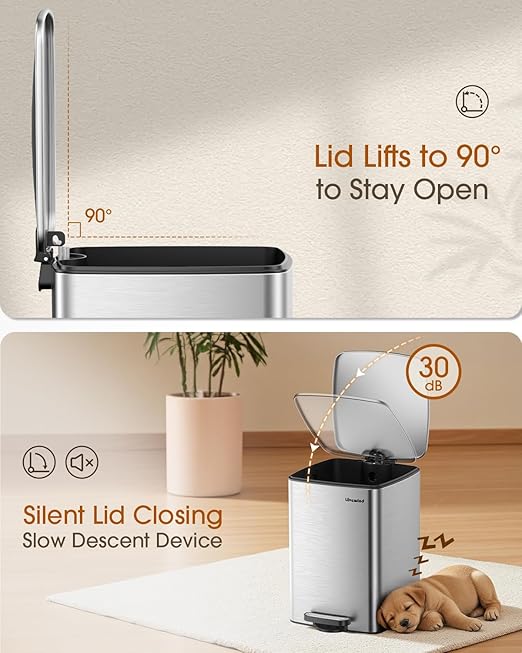 Lovewind Kitchen Trash Can with Lid, 5.2 Gallon/20 L Footstep Garbage Can for Kitchen Bedroom Home Office, 20 Liter Trash Bin Brushed Stainless Steel Waste Bin with Soft-Close Lid,Silver