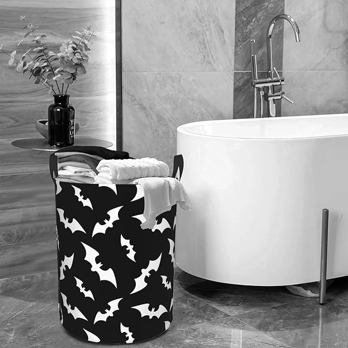 Halloween Bats Collapsible Laundry Basket,Black Bat Bedroom Waterproof Laundry Hamper,Bathroom Large Storage Bag,College Dormitory Living Room Nursery Organizer Toy Bin 16" x 20"