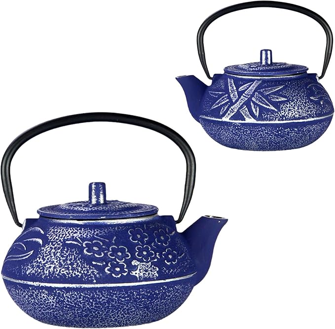 27oz Small Cast Iron Teapot, SECHUDO Blue Tea Kettle for Stovetop Safe, Japanese Style Tea Pot with Stainless Steel Infuser for Loose Leaf(800ML)