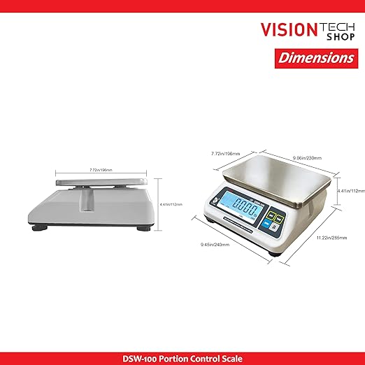 VisionTechShop DSW-100 Portion Food Scale with Single LCD Display, Stainless Steel Platter, 15lb Capacity, 0.005lb Readability, Lb/Oz/Kg/g Switchable, Low Profile Design, NTEP #22-007, NSF Certified