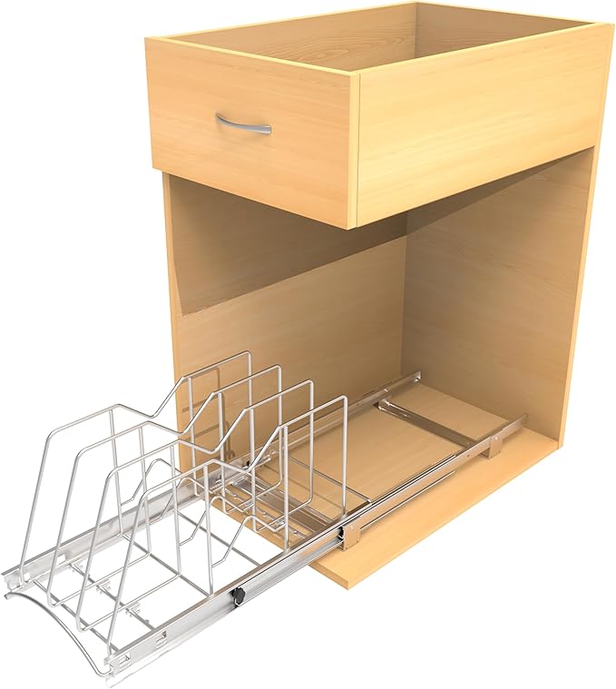 Pull Out Cookie Sheet Organizer for Cabinet, Pan and Pot, Cutting Board, Bakeware, Tray Organizer Rack, Sliding Rack- Heavy Duty, Adjustable Divider Width, 10" W x 22" D x 11" H, Chrome