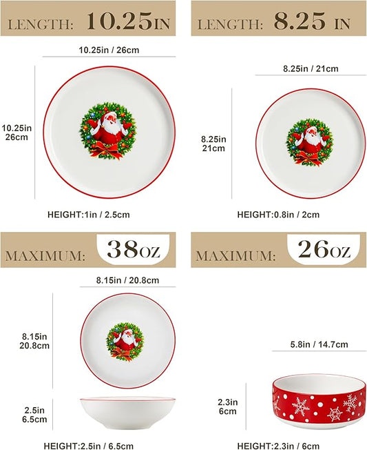 MALACASA Plates and Bowls Sets, 24 Pieces Christmas Porcelain Dinnerware Set for 6, Ceramic Dishware Dishes White Kitchen Dinner Dining Ware Set, Microwave and Dishwasher Safe, Series LUNA-Santa Claus