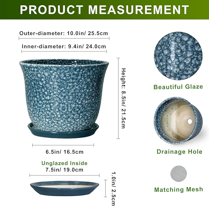 10 Inch Plant Pot - Ceramic Planter for Indoor Outdoor, Round Flower Pots with Drainage Hole and Saucer, Modern Decorative Planter for Plants, Home Office Decor, Plant Lover Gifts, Blue