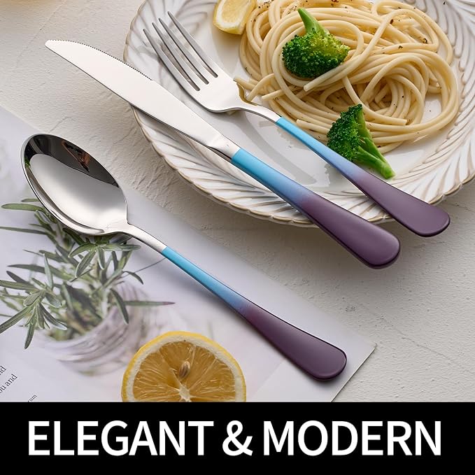 20-Pieces Color Silverware Set for 4,Blue and Purple Handle Stainless Steel Cutlery Set, Include Forks Spoons and Knives Set, Dishwasher Safe Utensil Sets for Home Restaurant