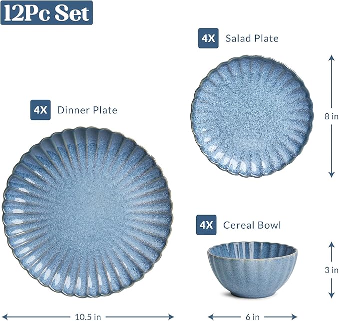 Sango 12 Pieces Stoneware Dinnerware Set, Modern Reactive Blue Dishes for 4, Premium Serving Plates and Bowls Sets, Chip Resistant Plate, Ceramic Dishware, Kitchen Dish Set, Scallop Dining Ware, Frill