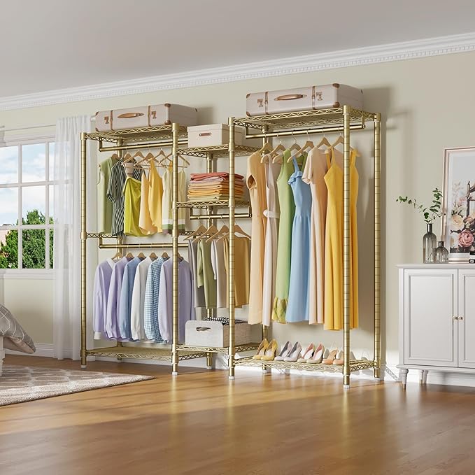VIPEK Classic V6 Wire Garment Rack Heavy Duty Clothes Rack with 7 Adjustable Shelves & 4 Hanging Rods, Compact DIY Metal Clothing Racks 68.9" L x 15.7" W x 76.4" H, Max Load 840LBS, Gold