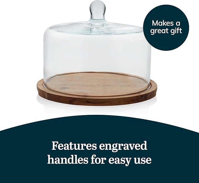 Libbey Acacia Wood Cake Stand with Dome Lid, Ball Top Handle Cake Holder with Lid, Covered Cake Stand, Durable Glass Dome Cover
