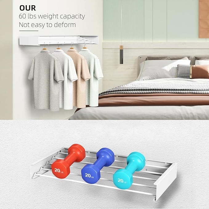 Laundry Drying Rack, Collapsible Wall Mounted Clothes Drying Rack - Drying Rack Clothing Foldable,Space Saving, 31.5" Wide, 13.2 Linear Ft, 5 Aluminum Rods, 60 lb Capacity (White, 23.6")