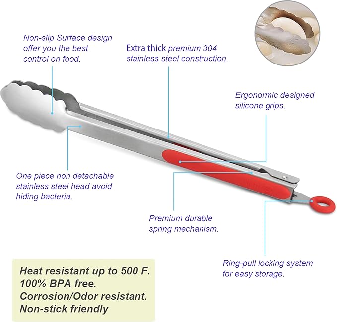 304 Stainless Steel Kitchen Cooking Tongs, 14" and 16" Set of 2 Sturdy Grilling Barbeque Brushed Locking Food Tongs with Ergonomic Grip, Red