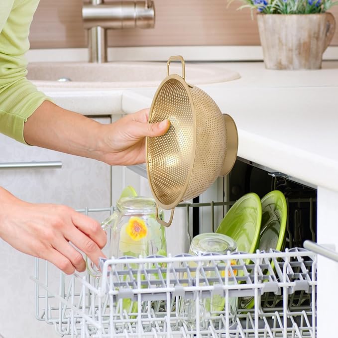 2PCS Gold Strainer for Kitche, 3QT and 5QT, Stainless Steel Colander with Handle for Fruits Vegetables Cooking Food, Dishwasher Safe