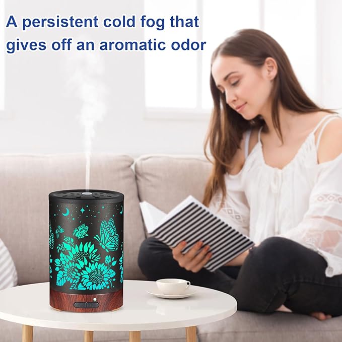 Essential Oil Diffuser- Aromatherapy Diffuser with7 Colors Light and Auto-Off for Women Metal Cool Mist Humidifier for Home and Office for Mom Women(Sunflower + Butterfly)