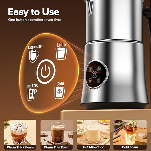 Milk Frother and Steamer with Heating Function - 4-in-1 Automatic Hot & Cold Milk Frother and Warmer, Stainless Steel Pitcher with Transparent Lid for Cappuccino, Latte, Hot Chocolate