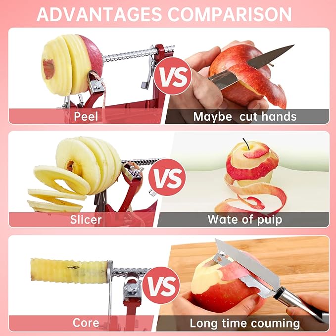 Apple Peeler, Stainless Steel Apple Corer Slicer Peeler, Durable Heavy Duty Die Cast Magnesium Alloy Apple Peeler Slicer Corer(Deepred)