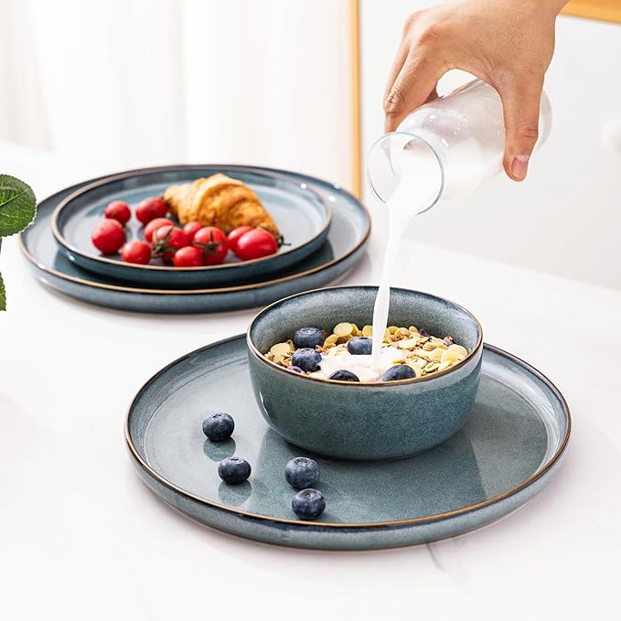 GBHOME 32 Pieces Double Bowls Ceramic Dinnerware Sets for 8, Stoneware Plates and Bowls Set with Reactive Glaze, Scratch Resistant Stoneware Dishes Set, Dishwasher & Microwave Safe