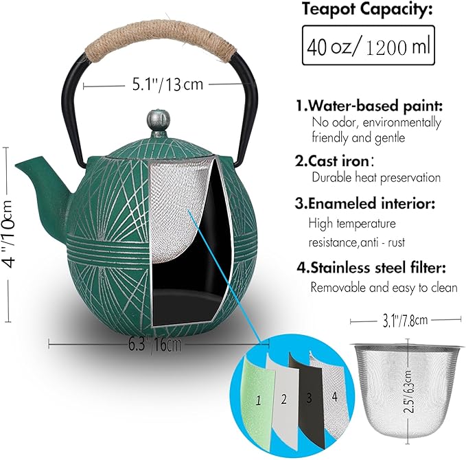 Enameled Cast Iron Teapot 34oz(1000ml) - Japanese Style Kettle with Removable Stainless Infuser & Ergonomic Handle, Stovetop Safe for Loose Leaf Tea Green and silver (Green and silver)