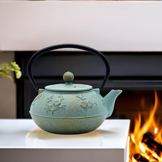 30.4oz Small Cast Iron Tea Kettle,SECHUDO Tea Pot Coated with Enameled Interior for Loose Tea, Cute Cast Iron Teapot with Stainless Steel Infuser for Stovetop Safe (900ml)