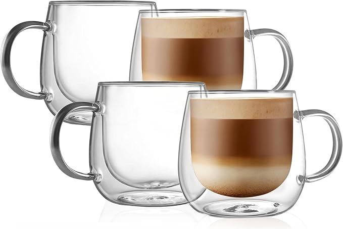 CNGLASS 16oz Double Walled Glass Coffee Mugs(4-pack),Large Clear Coffee Cups with Handle,Glass Espresso Mugs for Latte,Cappuccino,Tea