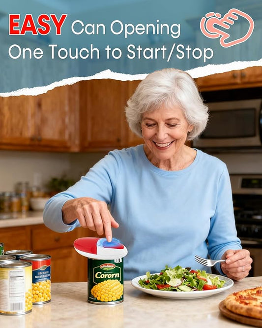 Electric Can Opener for Seniors One Touch - Easy Use, Smooth Edge Side Cut Auto Can Opener with Power Motor Fits All Can Sizes - Battery Operated, Hand Free for Kitchen by Befumly (Red)