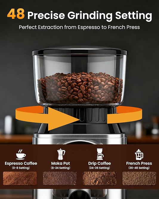 Conical Burr Coffee Grinder Electric Coffee Bean Grinder with 48 Precise Settings, Anti-Static Coffee Grinders for Home Use, Adjustable Conical Burr Mill for Espersso/Drip/French Press