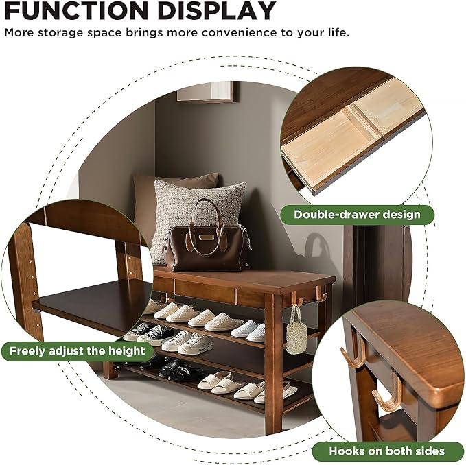 Wood Shoe Bench Entryway with Drawer: 3-Tiers Wooden Storage Shoe Rack with Bench Seat, Compact Mid-Century Modern Design for Entryway,Hallway, Closet,Front Door Entrance,Foyer Walnut 39.3"