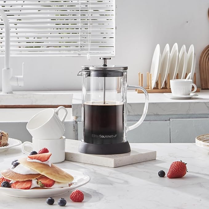 Elite Gourmet FP1223 1 Liter French Press Coffee Maker, Double Wall Insulated Borosilicate Glass Carafe, Dishwasher Safe Stainless Steel Filter/Plunger Assembly, Removable Silicone Base, Easy to Clean