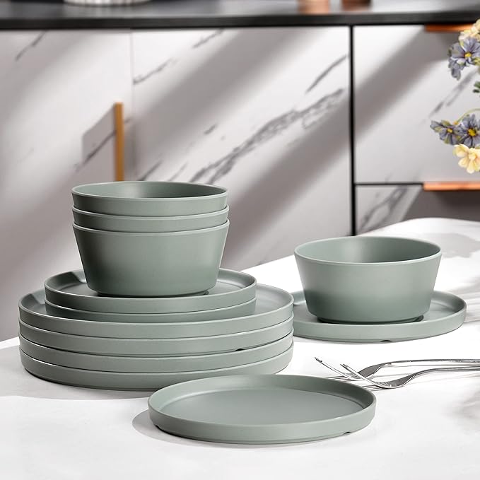 FINE&NICE 12Pcs Melamine Dinnerware Sets, Plates and Bowls Sets for 4, Unbreakable and Lightweight Dishes Set for Indoor and Outdoor Use, BPA Free, Dishwasher Safe (Sage Green)