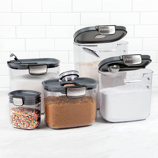 ProKeeper+ 9-Piece Airtight Food Storage Container Set β Clear Plastic Flour and Sugar Canister Set with Magnetic Accessories for Kitchen Organization (Grey, 9-Piece)