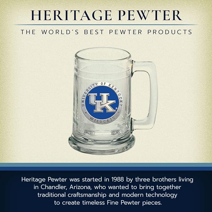 Heritage Pewter Kentucky Beer Stein Glass | 15 Ounce German-Style Beer Glass | Intricately Crafted Metal Pewter Alma Mater Inlay