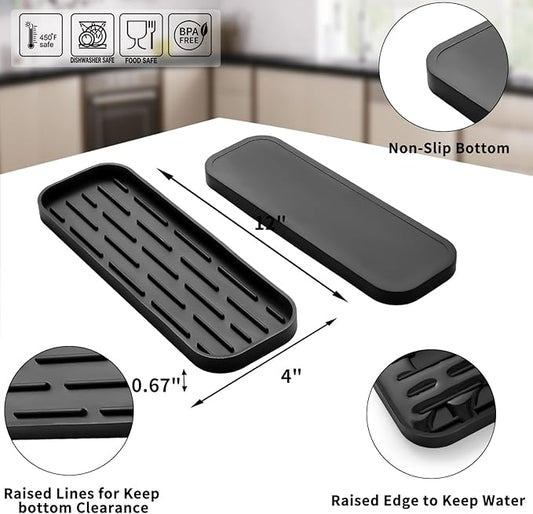 Silicone Kitchen Sink Organizer Tray for Multiple Usage,Eco-Friendly Sponges Holder for Kitchen Bathroom Counter or Sink,Dish Soap Dispenser,Scrubber,Bottle,Cup (Black, 12"Γ4")