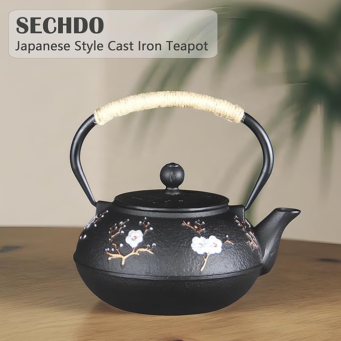 Cast Iron Teapot SECHUDO Teapot for Stovetop Safe Coated with Enameled Interior,Japanese Beautiful Tea Kettle with Stainless Steel Infuser for Loose Tea (30.4oz Plum Blossoms and Bird Pattern)