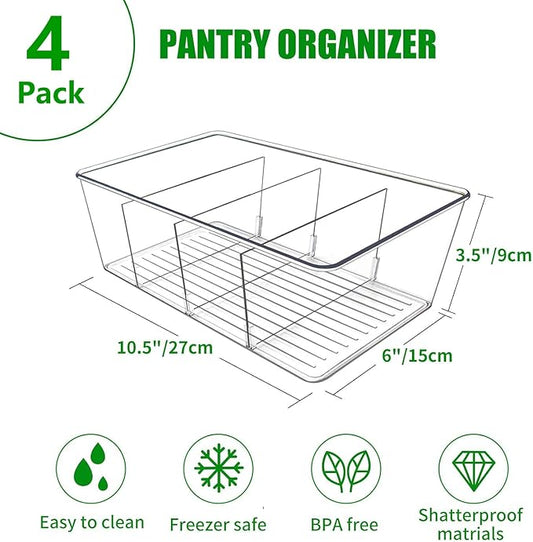 4 Pack Pantry Organizers and Storage,Snack Containers with 3 Dividers for Kitchen,Fridge,Refrigerator Organization and Storage,Clear Plastic Organizer Bins for Spice,Tea bag,Seasoning