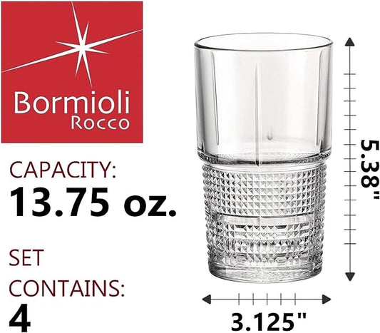 Bormioli Rocco Bartender Novecento Stackable 13.75 oz. Hi-Ball Drinking Glass for Mixed Cocktails, Clear, Set of 4
